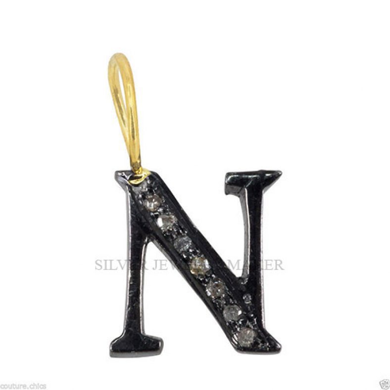 Solid 925 Sterling Silver Pave Diamond Initial Letter N Finding Handmade Jewelry