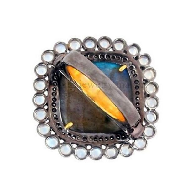 Labradorite/Moonstone 14k Gold Ring Studded Diamond .925 Silver Gemstone Jewelry