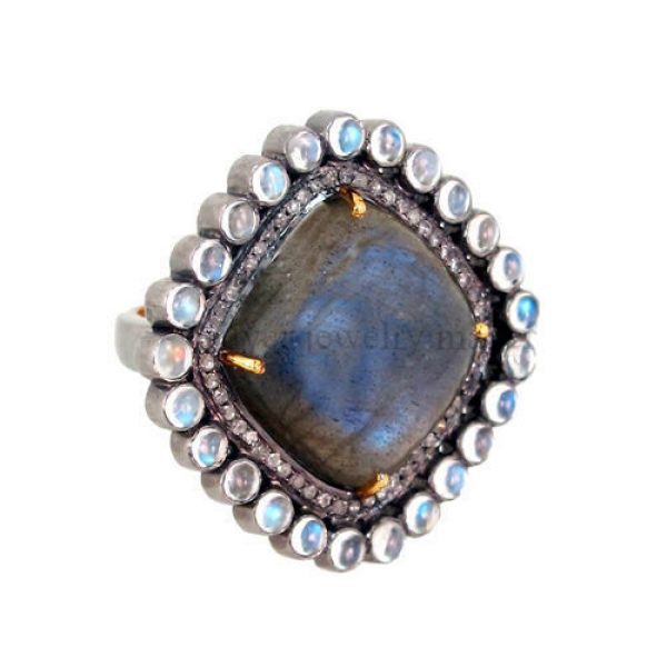 Labradorite/Moonstone 14k Gold Ring Studded Diamond .925 Silver Gemstone Jewelry