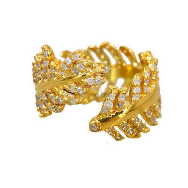 Handmade Diamond Pave Solid 14K Yellow Gold Feather Ring Vintage Gift Jewelry