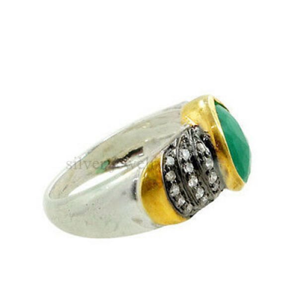 Emerald Gemstone 14k Gold Pave Diamond 925 Sterling Silver Ring Handmade Jewelry