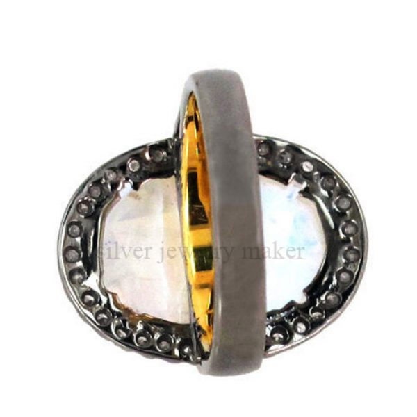 14k Gold Diamond Studded Moonstone Ring Sterling Silver Gemstone Vintage Jewelryv