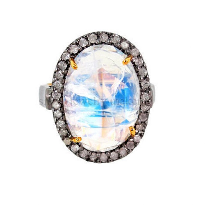 14k Gold Diamond Studded Moonstone Ring Sterling Silver Gemstone Vintage Jewelry