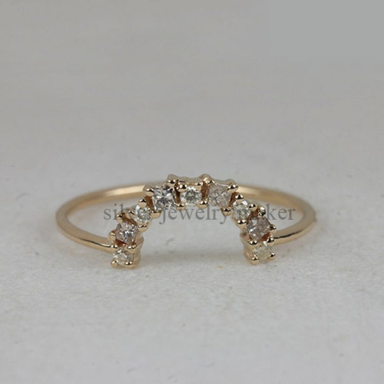 Solid 14k Yellow Gold Natural 0.21 Ct. Pave Diamond Half Moon Ring Fine Jewelry