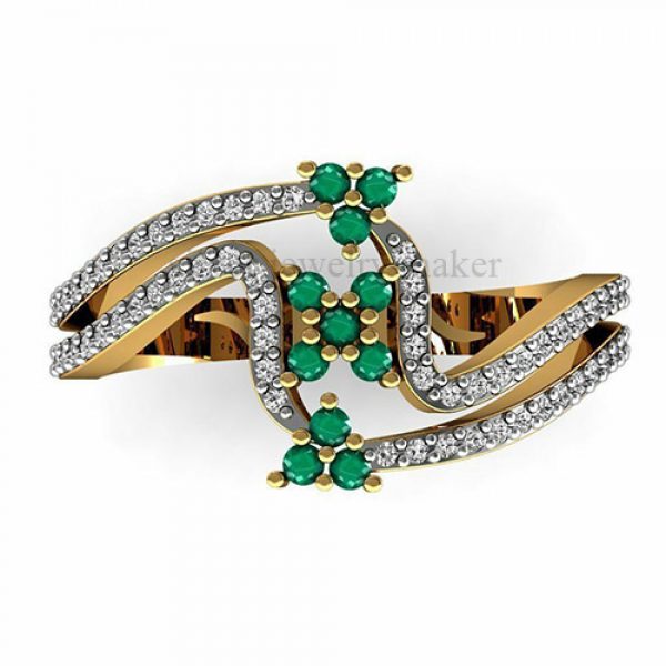 14k Yellow Gold Floral Cocktail Ring Diamond Emerald Jewelry
