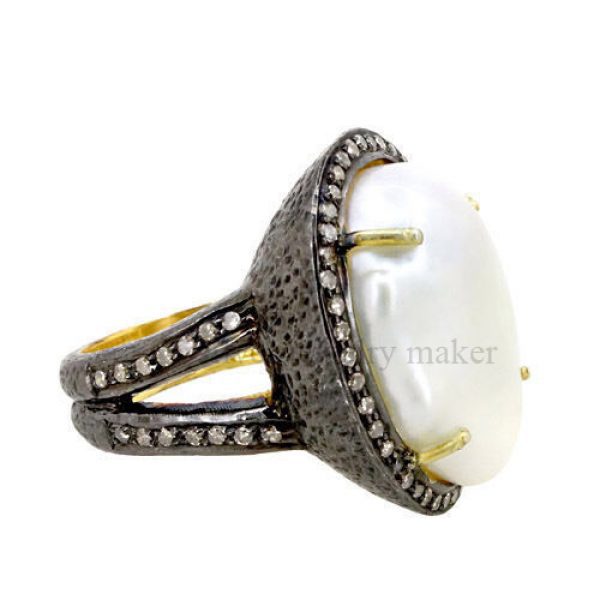 PEARL Ring 14k Gold Diamond Pave .925 Sterling Silver Inspired Victorian Jewelry
