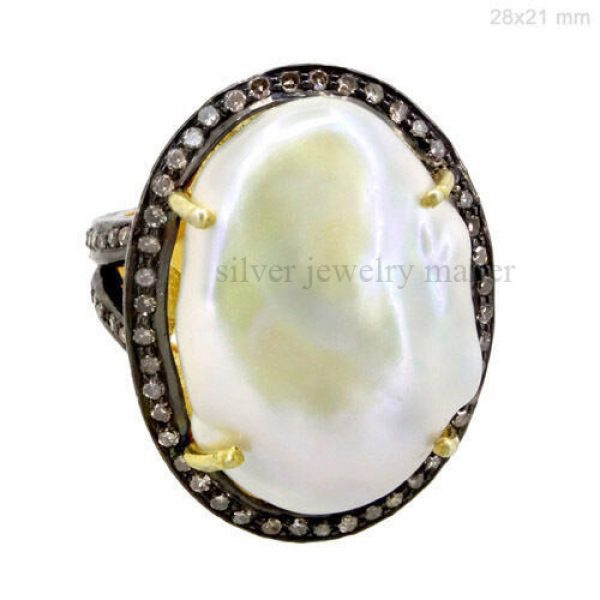 PEARL Ring 14k Gold Diamond Pave .925 Sterling Silver Inspired Victorian Jewelry