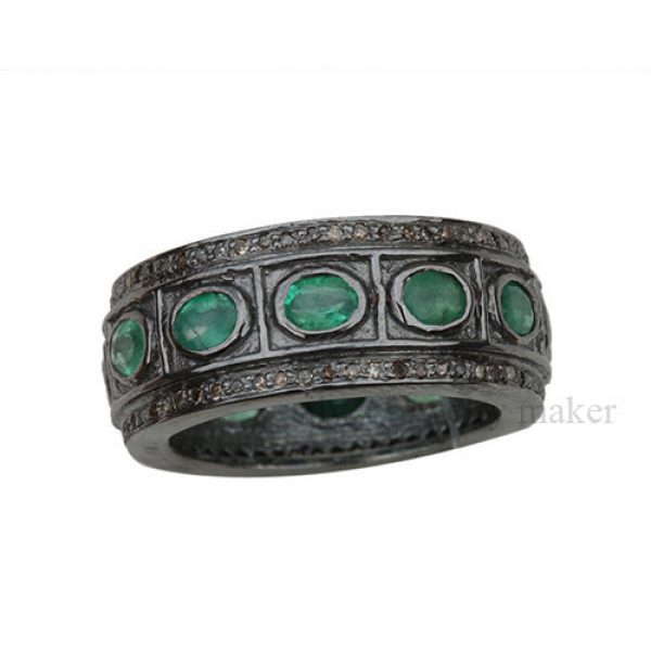 Emerald Gemstone Bezel Setting Band Ring Diamond .925 Sterling Silver Jewelry