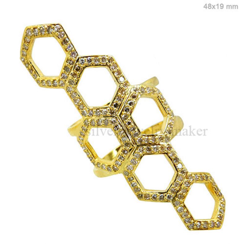 Fine 14k Yellow Gold HEXAGON Shapes Cocktail Ring Pave Natural Diamond Jewelry