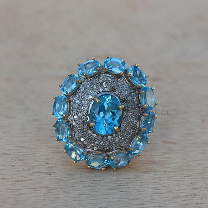Genuine Blue Topaz Gemstone Diamond Pave Cocktail Ring Sterling Silver Jewelry