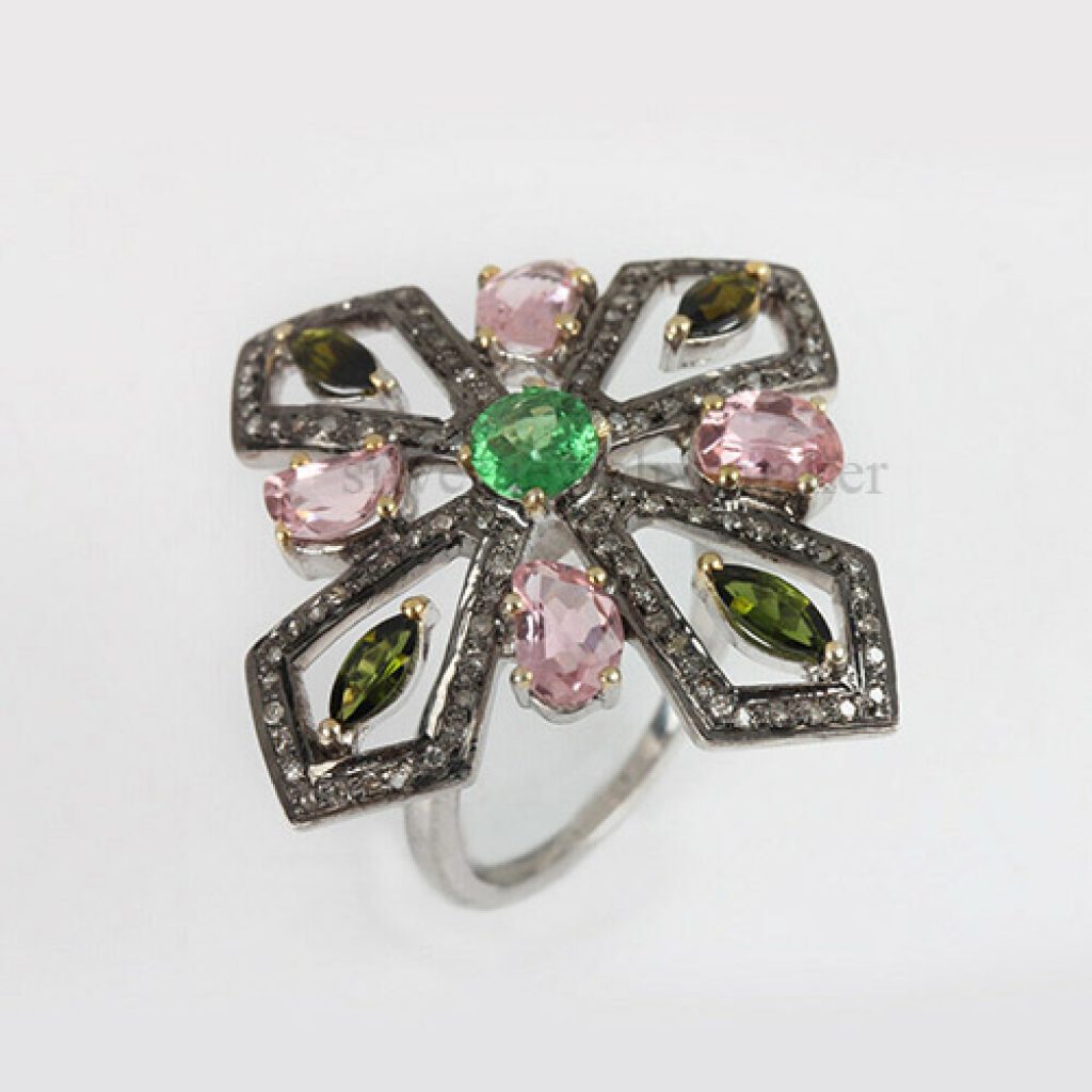 2.4Ct Savorite Cocktail Flower Ring Solid 925 Sterling Silver Diamond Pave Fine