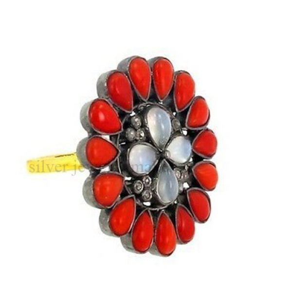 Coral/Moonstone Floral Design 14K Gold Natural Diamond Ring Silver Gifts Jewelry