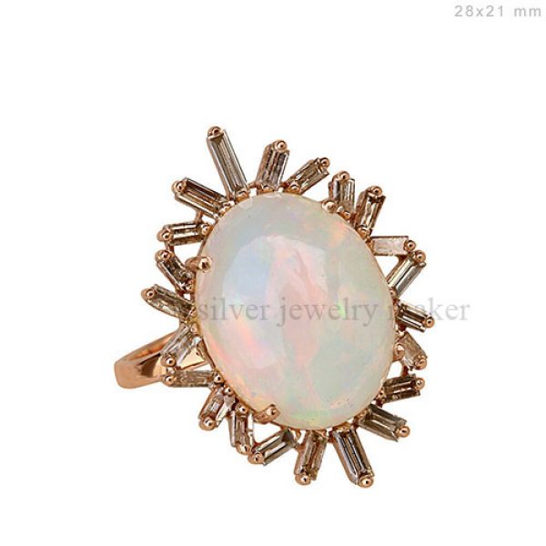 Genuine Opal Gemstone Baguette Diamond Handmade Cocktail Fine Ring 18K Rose Gold