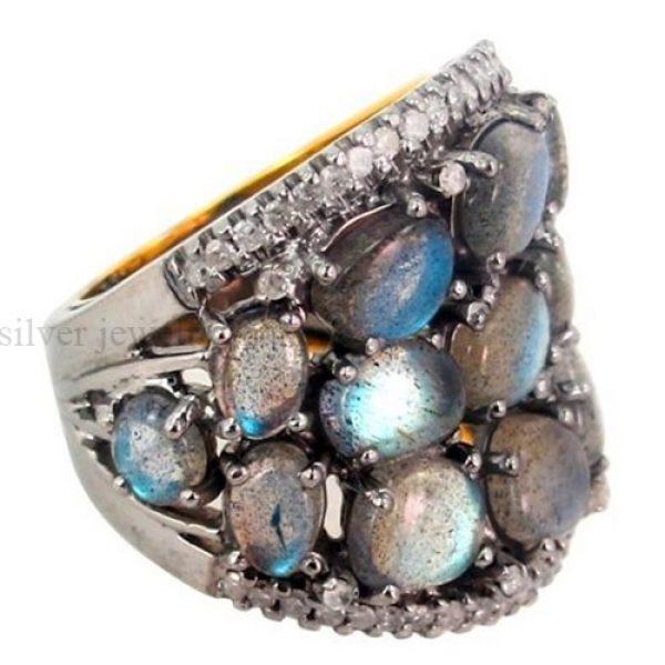 7.95Ct Labradorite Gemstone 14K Gold Diamond Silver Studded Vintage Wedding Ring