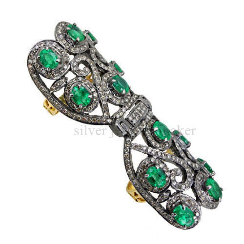 Gemston Emerald Full Knuckle Ring 14k Gold 2.8ct Diamond Pave 925 Silver Jewelry
