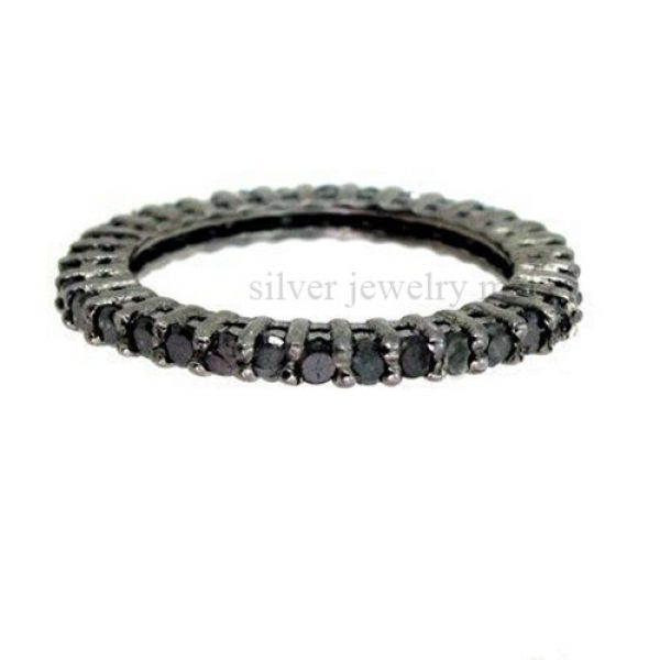 New 1.10Ct Black Diamond Pave Eternity US7 Band Ring 925 Sterling Silver Jewelry