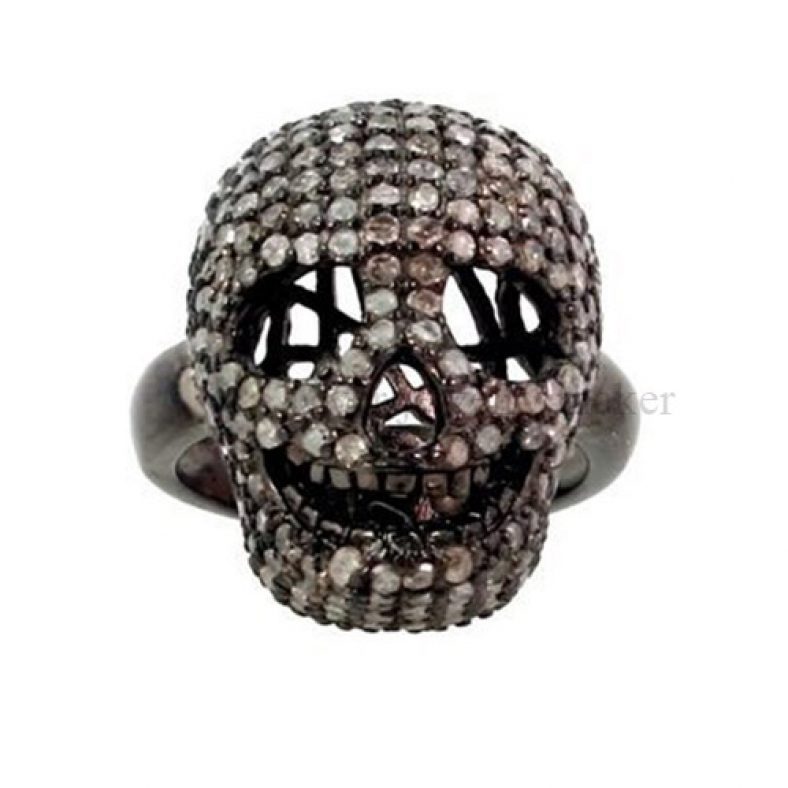 Natural 2.67ct Diamond Pave SKULL Ring 925 Sterling Silver Handmade Fine Jewelry