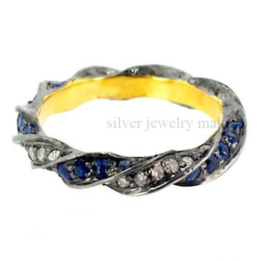 925 Sterling Silver Gemstone Sapphire Studded Diamond Band Ring 14K Gold Jewelry