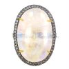 14K Gold Oval Shaped Moonstone Natural Diamond Pave Cocktail Ring Silver Jewelry
