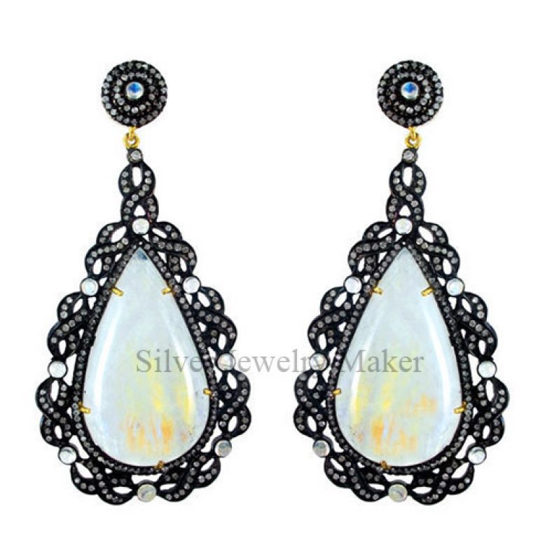14k Gold Moonstone Diamond 3.69 Ct Pave Dangle Earrings 925 Silver Antique Style