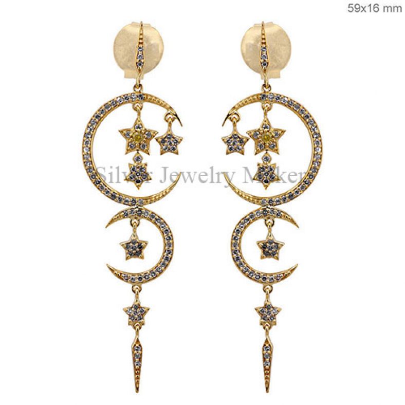 Pave Diamond CRESCENT MOON STAR Chandelier Earrings 14k Gold Jewelry