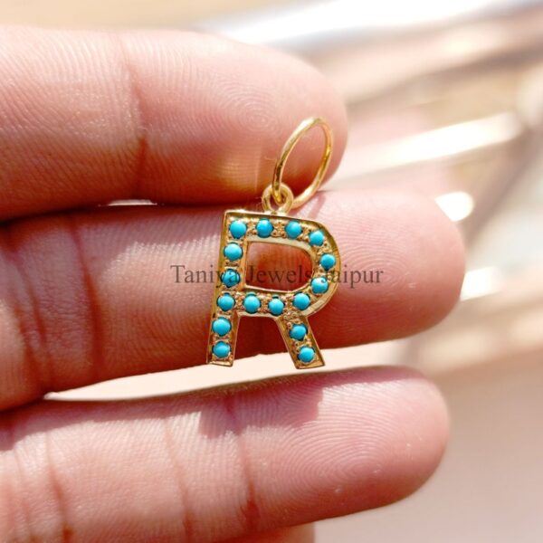 Yellow Gold Plating intial "R" Natural Turquoise 925 Sterling Silver Pendant Jewelry, Sterling Silver Alphabet Charms Pendant