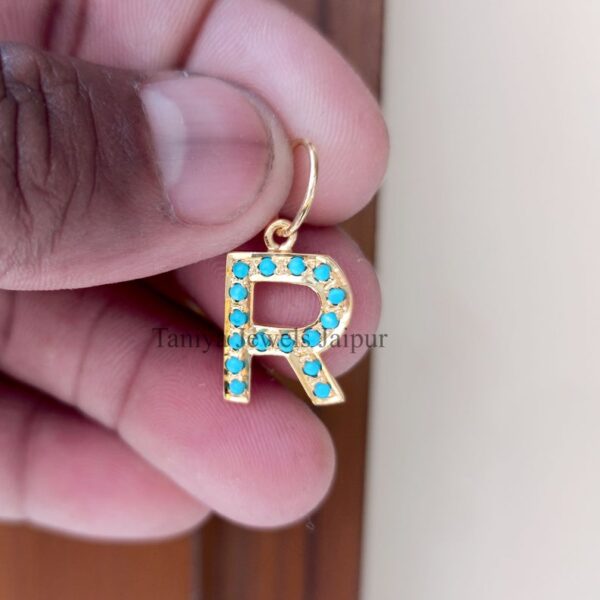 Yellow Gold Plating intial "R" Natural Turquoise 925 Sterling Silver Pendant Jewelry, Sterling Silver Alphabet Charms Pendant