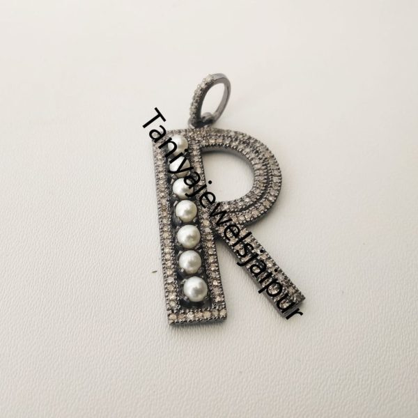 Natural Pearl Pave Diamond R Initial 925 Sterling Silver Pendant Jewelry
