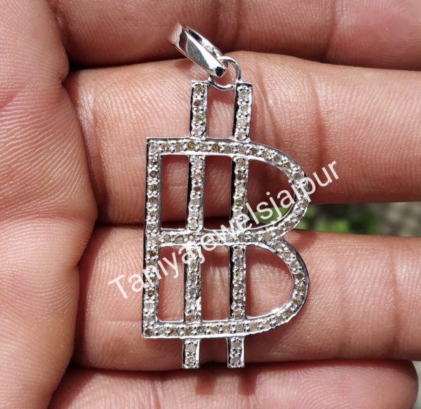Personalized natural pave diamond AB initial alphabet pendant, Designer sterling silver pendant