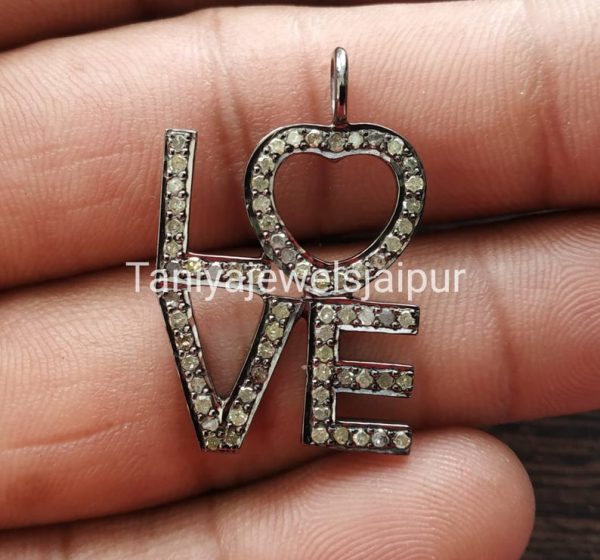 Valentine Day Gift!! 925 Sterling Silver Love Shape Pave Diamond Pendant Jewelry, Diamond LOVE initial Charms Pendant