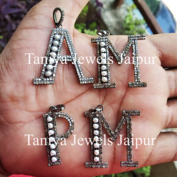 Custom Alphabet Initial Pearl Pave Diamond Charms Monogram Pendant Jewelry, Pave Diamond Monogram Charm Pendant Jewelry