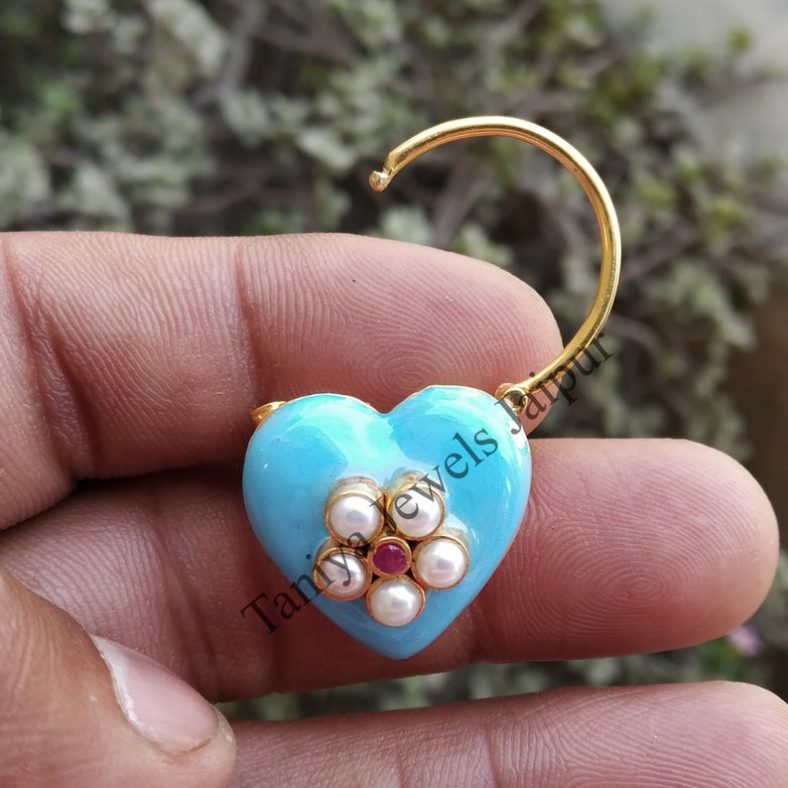 Turquoise Color Enamel Handmade Heart Shape Designer Pearl Ruby Padlock Jewelry, Enamel Heart Padlock Jewelry