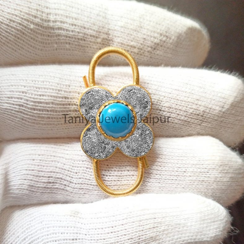 Pave Diamond Handmade Sterling Silver Flower Shape Turquoise Padlock Jewelry, Silver Padlock Jewelry