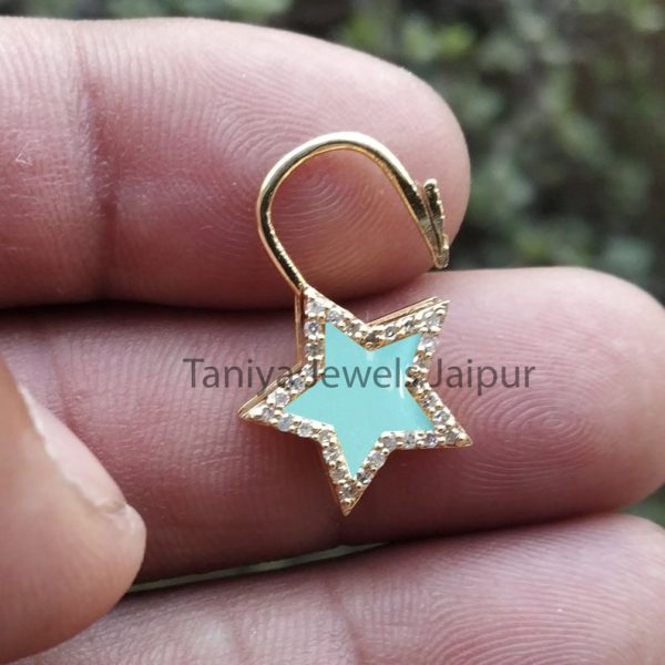 Turquoise Enamel Sterling Silver Pave Diamond Star Shape Padlock Jewelry, Diamond Star Padlock Jewelry, Diamond Padlock Necklace