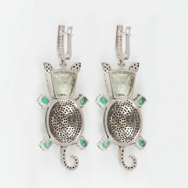Fine 8 Ct Green Amethyst Dangle Ketty Cat Drop Earrings .925 Silver Diamond Pave Jewelry
