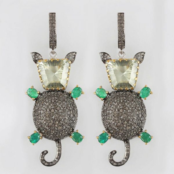 Fine 8 Ct Green Amethyst Dangle Ketty Cat Drop Earrings .925 Silver Diamond Pave Jewelry