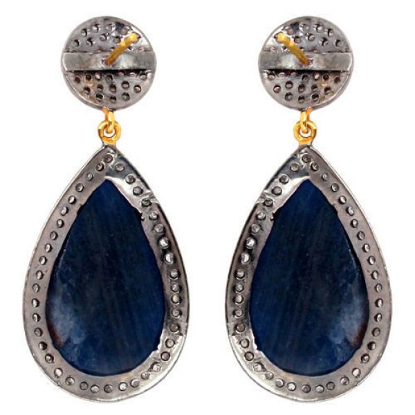 Gemstone Blue Sapphire Dangle Drop Earrings 925 Silver Diamond Pave Gold Jewelry
