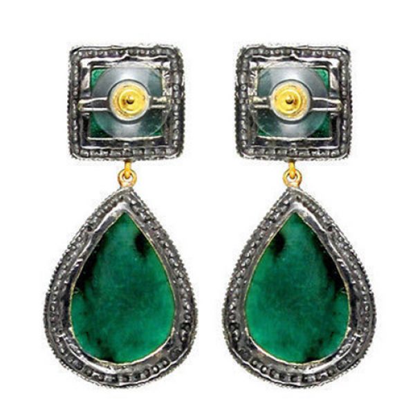 Emerald Gemstone 14 K Gold Dangle Drop Earrings .925 Silver Pave Diamond Jewelry