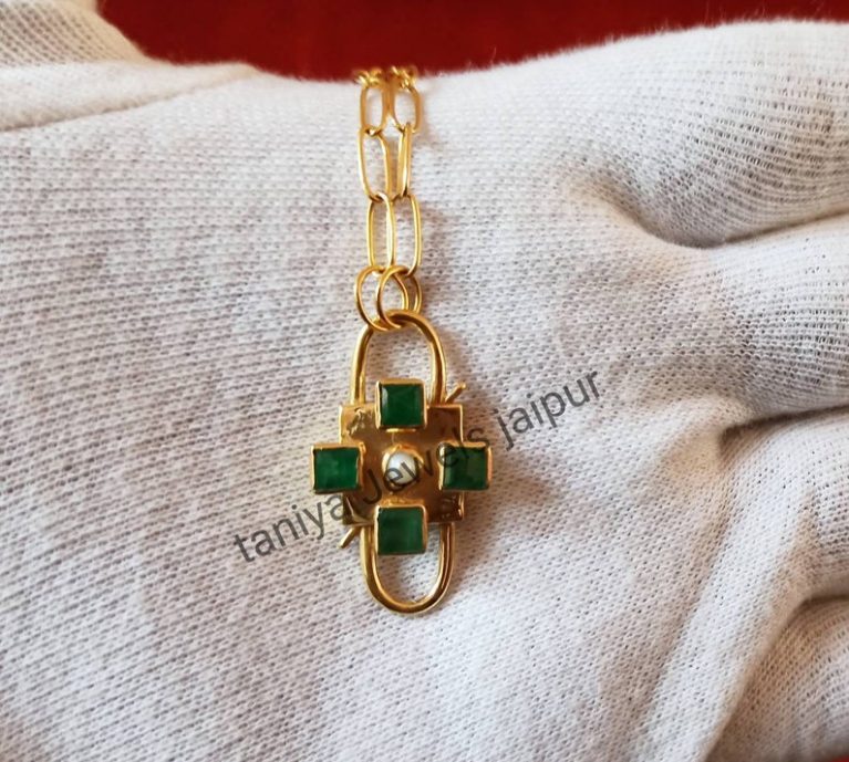 Yellow Gold Plating Emerald Pearl Sterling Silver Paper Clip Pave Diamond PadLock Chain Necklace Jewelry, Paper Clip Chain Necklace Jewelry