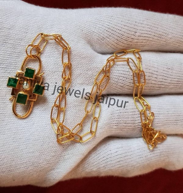 Yellow Gold Plating Emerald Pearl Sterling Silver Paper Clip Pave Diamond PadLock Chain Necklace Jewelry, Paper Clip Chain Necklace Jewelry