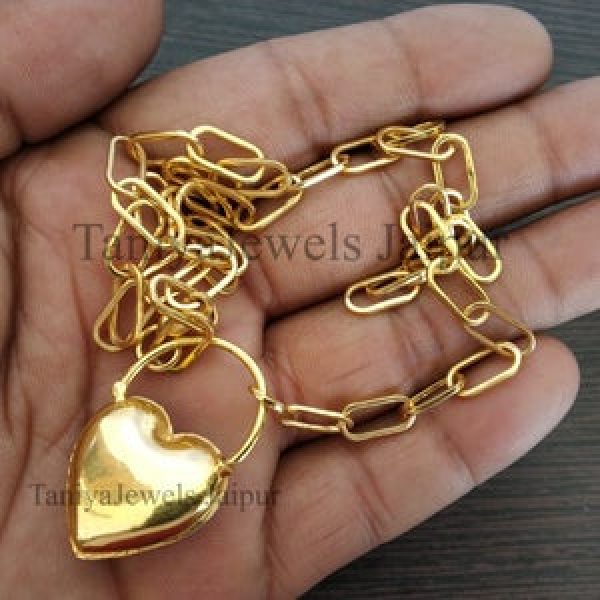 Heart Padlock, Yellow Gold Plating Sterling Silver Paper Clip Pave Diamond Pad Lock Crub Chain Necklace Jewelry, Paper Clip Chain Necklace