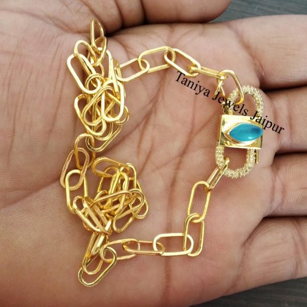Yellow Gold Plating Sterling Silver Paper Clip Pave Diamond PadLock Crub Chain Necklace Jewelry, Paper Clip Chain Necklace Jewelry