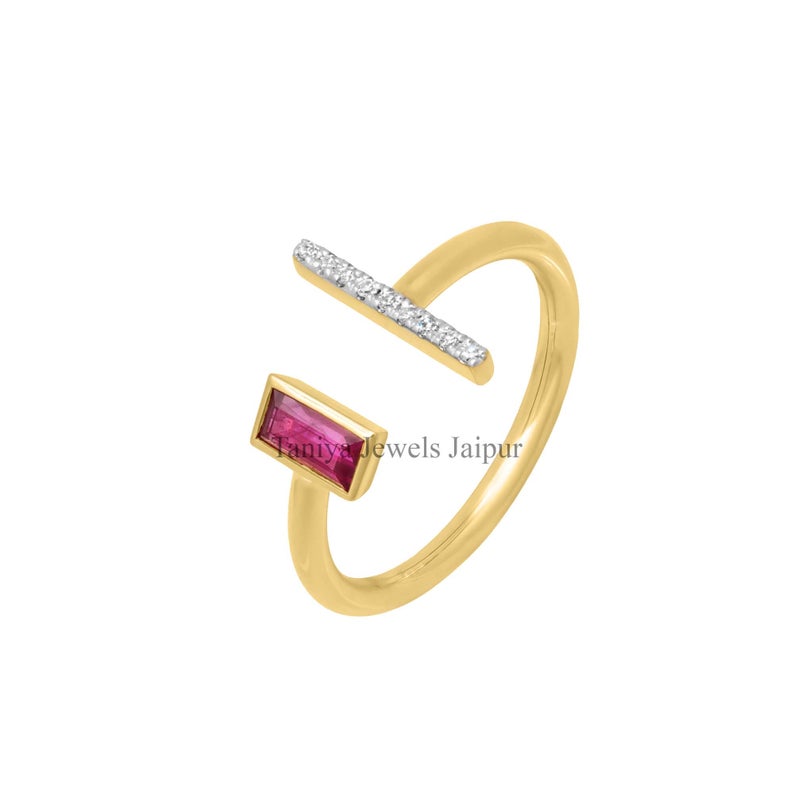 9k Solid Yellow Gold Ruby Baguette Pave Diamond Bar Ring Jewelry, Handmade 9k Gold Ring, Gold Ring Jewelry, Gold Bar Ring Jewelry