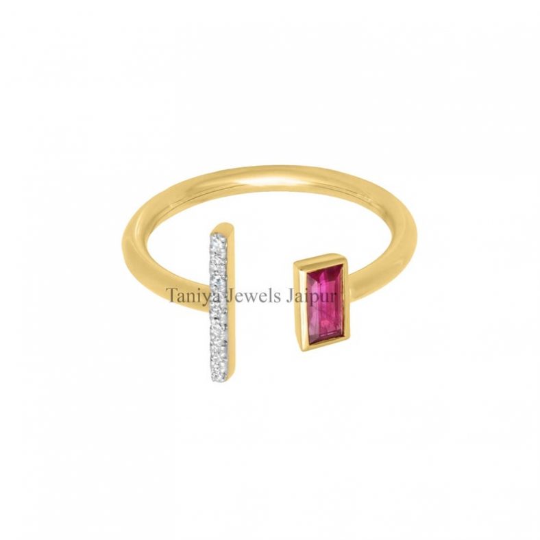 9k Solid Yellow Gold Ruby Baguette Pave Diamond Bar Ring Jewelry, Handmade 9k Gold Ring, Gold Ring Jewelry, Gold Bar Ring Jewelry