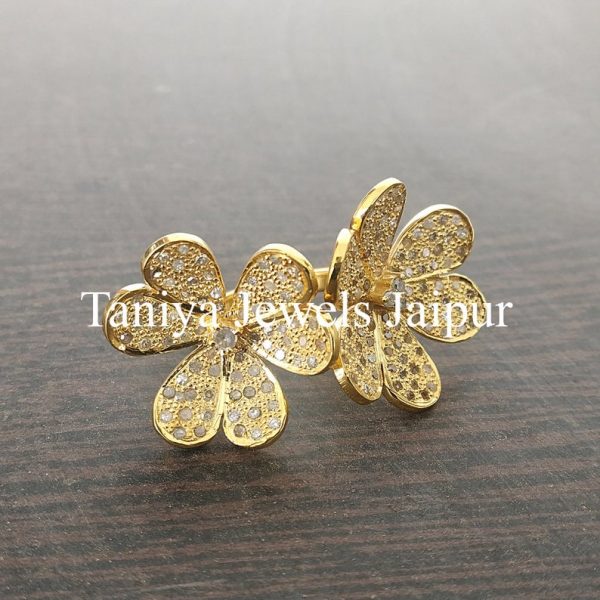 Yellow Gold Plating Handmade Pave Diamond Floral Shape Ring Sterling Silver Jewelry, Diamond Flower Ring, Silver Flower Ring