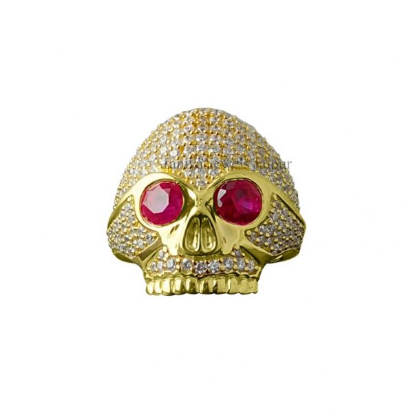 Pave Diamond Yellow Gold Plating Skull Shape Ruby Eye Ring Jewelry, Halloween Day Skull Ring, Silver Diamond Ring