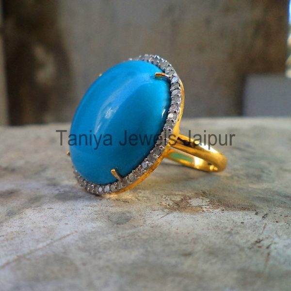 Sleeping Beauty Turquoise Natural Pave Diamond Sterling Silver Ring, Turquoise Ring, Sterling Silver Jewelry