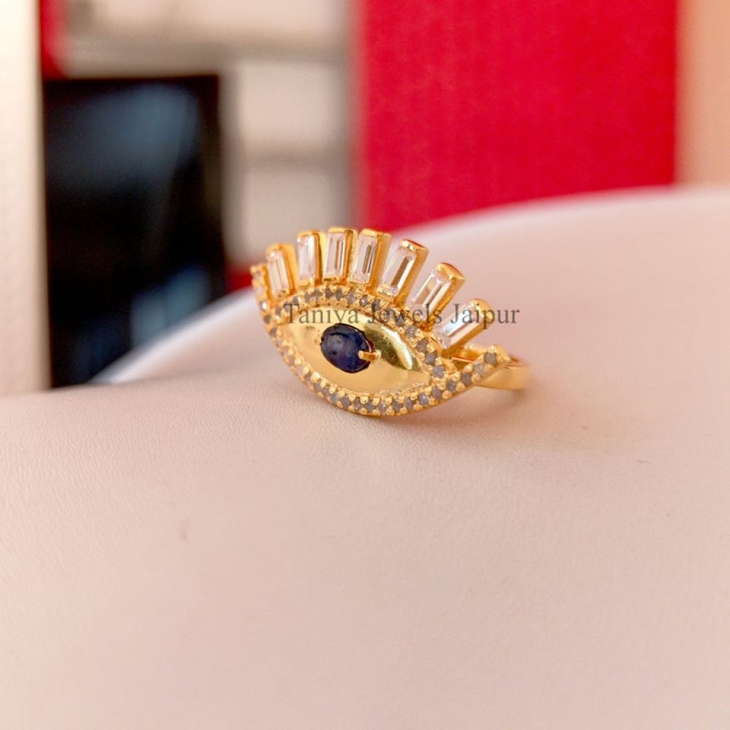 Evil Eye Handmade Sterling Silver Baguette Ring Jewelry, Yellow Gold Plating Handmade Silver Evil Eye Ring, Baguette Evil Eye Ring