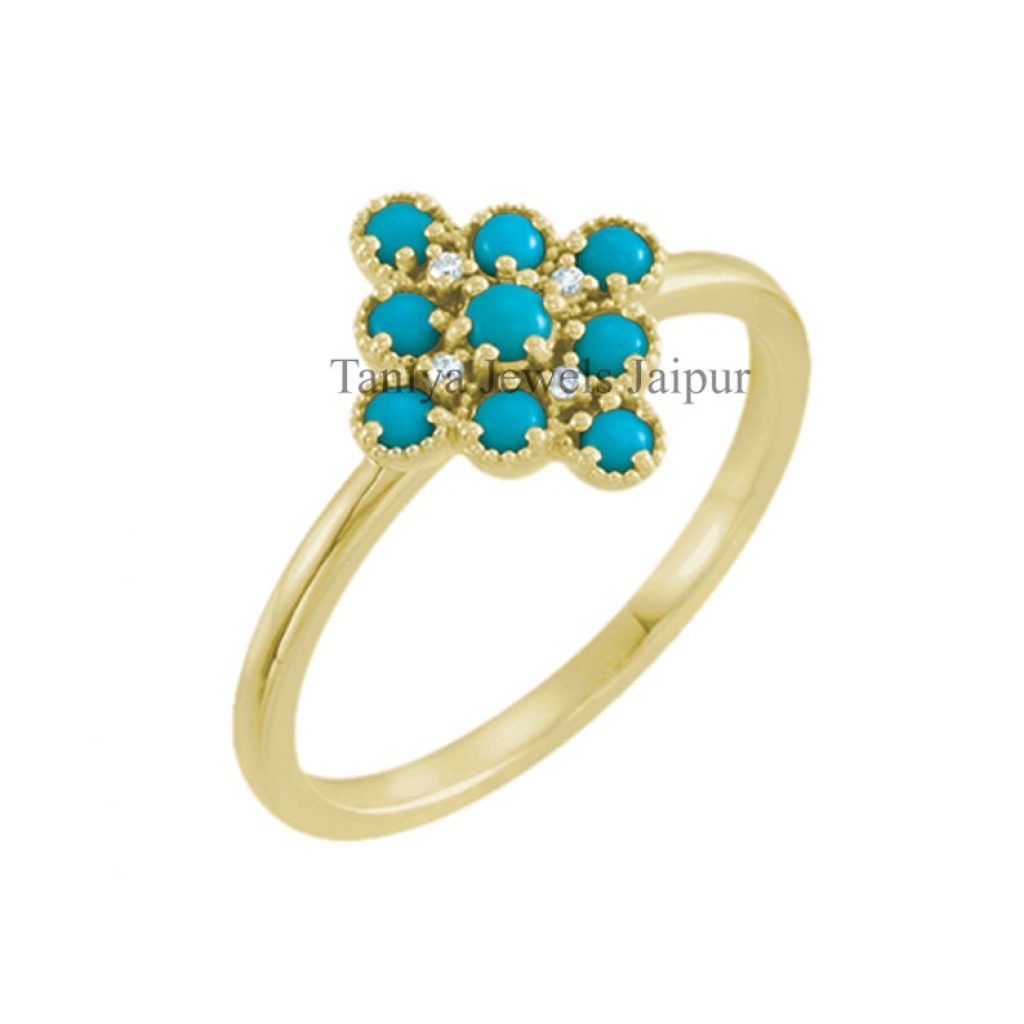 Yellow Gold Plating Turquoise Gemstone Sterling Silver Handmade Pave Diamond Ring Jewelry, Pave Diamond Silver Ring