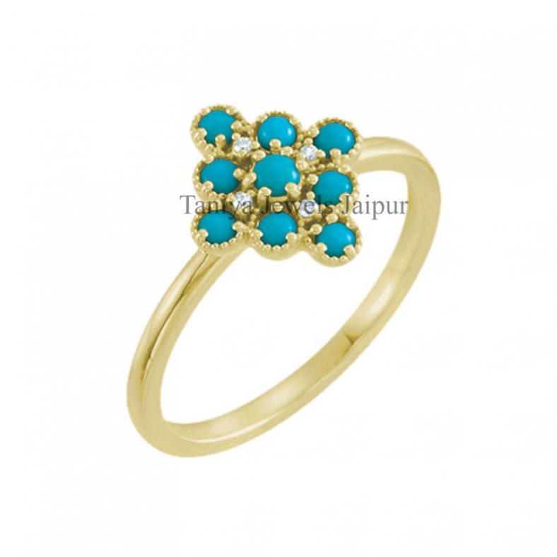 Yellow Gold Plating Turquoise Gemstone Sterling Silver Handmade Pave Diamond Ring Jewelry, Pave Diamond Silver Ring